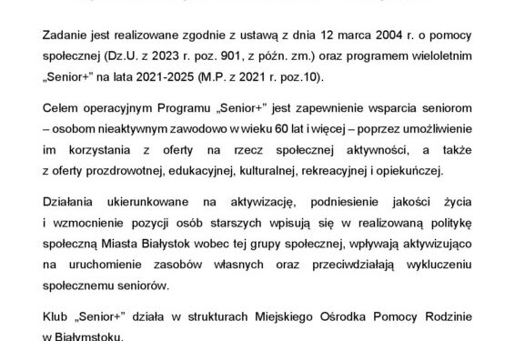 Klub Senior plus z dofinansowaniem