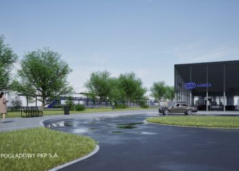 Wizualizacja nowego dworca kolejowego w Łomży - parterowy budynek modułowy z zadaszonym peronem
