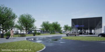 Wizualizacja nowego dworca kolejowego w Łomży - parterowy budynek modułowy z zadaszonym peronem