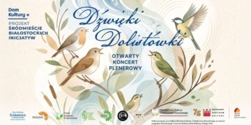 Grafika koncertu Dźwięki Dolistówki z ptakami na gałęziach