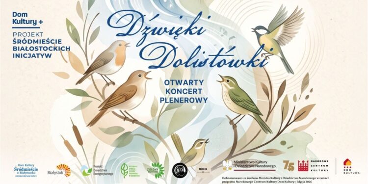 Grafika koncertu Dźwięki Dolistówki z ptakami na gałęziach