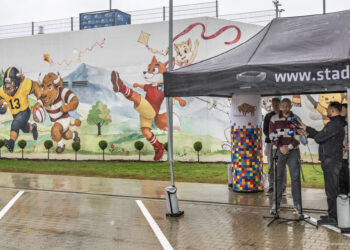 Mural przedstawiający sportowe żubry i maskotki na ścianie przy Chorten Arenie w Białymstoku