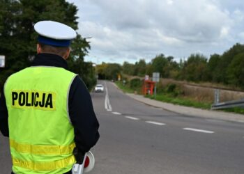 Policjant ruchu drogowego przy drodze - zdjęcie ilustracyjne