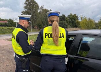 Policjanci z drogówki podczas kontroli samochodu na poboczu drogi