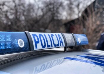Radiowóz policyjny z włączonym sygnałem świetlnym
