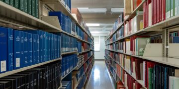 Regały z czasopismami naukowymi w bibliotece uczelnianej
