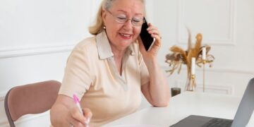 Starsza kobieta rozmawia przez telefon przy biurku z laptopem i dokumentami